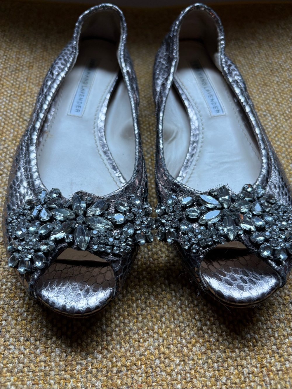 Vera Wang Lavender label, bronze and rhinestone open toe flat. Women’s size 6.